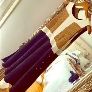 Gorgeous tan, white, navy Anthropologie midi dress